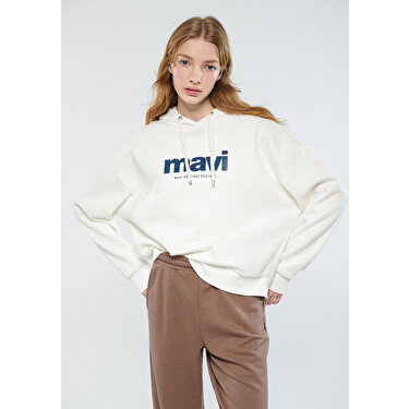 Mavi Kadın Mavi Logo Baskılı Kapüşonlu Ekru Sweatshirt