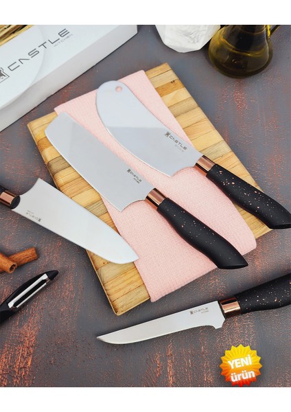 Castle Kitchen Black Copper Serisi 4 Lü Mutfak Bıçak Seti ( Nakiri - Börek Salata - Sivri Şef - Sıyırma Doğrama )