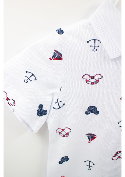 Polo Yaka Denizci Mickey Desenli Beyaz Renk Erkek Çocuk Tişört-DAR KALIP modelleri