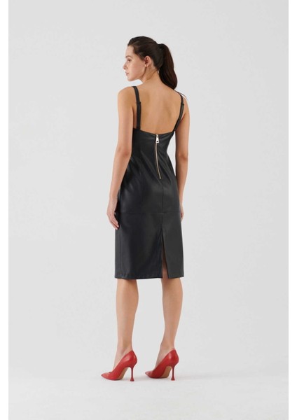 Kemerli Suni Deri Elbise Siyah K2311016_001 fiyatları