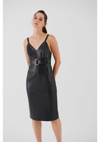 Kemerli Suni Deri Elbise Siyah K2311016_001 modelleri