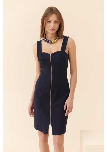 Fermuarlı Mini Boy Davet Elbisesi Lacivert Y2311062_015