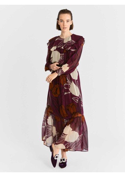 Yakası Volanlı Uzun Desenli Şifon Elbise Standart Renk K2011073_089 fırsatları