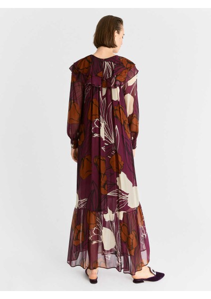 Yakası Volanlı Uzun Desenli Şifon Elbise Standart Renk K2011073_089 indirimleri