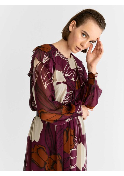 Yakası Volanlı Uzun Desenli Şifon Elbise Standart Renk K2011073_089