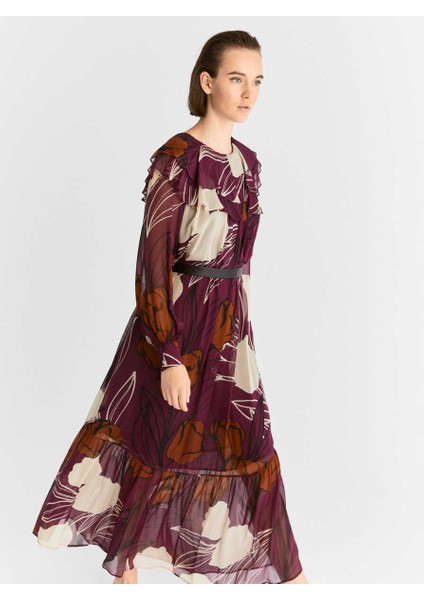 Yakası Volanlı Uzun Desenli Şifon Elbise Standart Renk K2011073_089