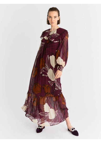 Yakası Volanlı Uzun Desenli Şifon Elbise Standart Renk K2011073_089