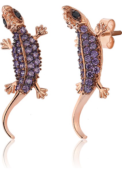 Zanaatsilver 925 Ayar Gümüş Ametist Taşlı Rose Kaplama 3D Bukalemun Modeli Küpe