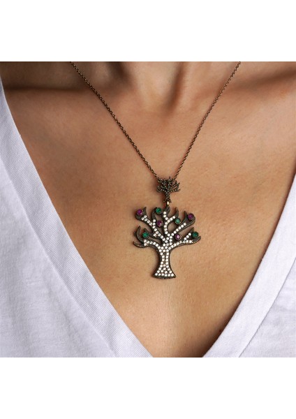 Ağaç Formlu Markazitli Gümüş Kadın Kolye