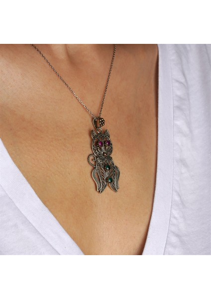 Telkari Işlemeli Kedi Formlu Zirkon Taşlı Gümüş Kadın Kolye fiyatları