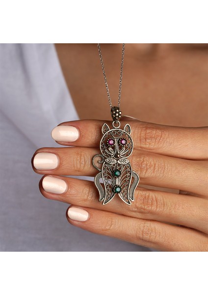 Telkari Işlemeli Kedi Formlu Zirkon Taşlı Gümüş Kadın Kolye modelleri
