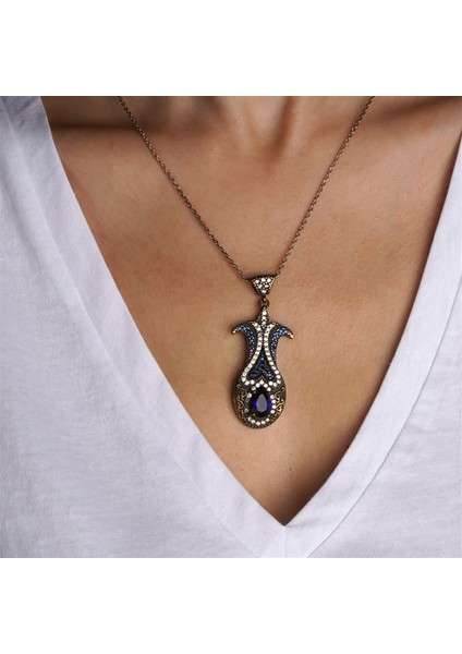 Lale Formlu Markazitli Kök Safir taşlı Gümüş Kadın Kolye