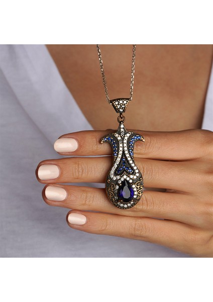 Lale Formlu Markazitli Kök Safir taşlı Gümüş Kadın Kolye modelleri