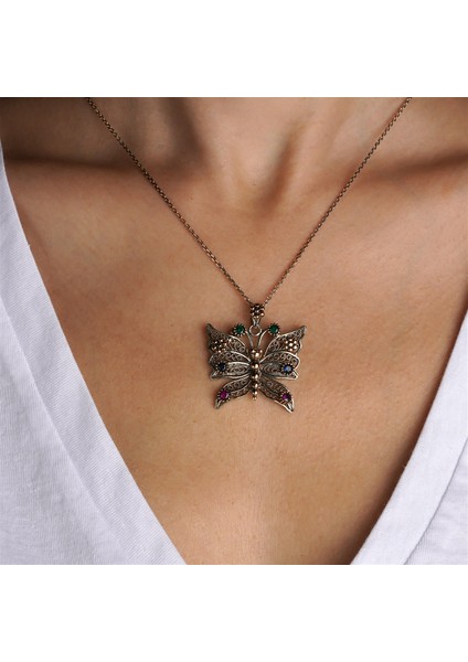 Telkari Işlemeli Kelebek Formlu Zirkon Taşlı Gümüş Kadın Kolye