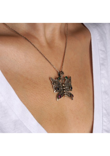 Telkari Işlemeli Kelebek Formlu Zirkon Taşlı Gümüş Kadın Kolye fiyatları