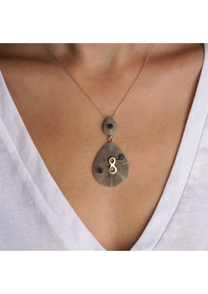 Hasır Telkari Işlemeli Damla Formlu Safir Taşlı 8 Desenli Gümüş Kadın Kolye