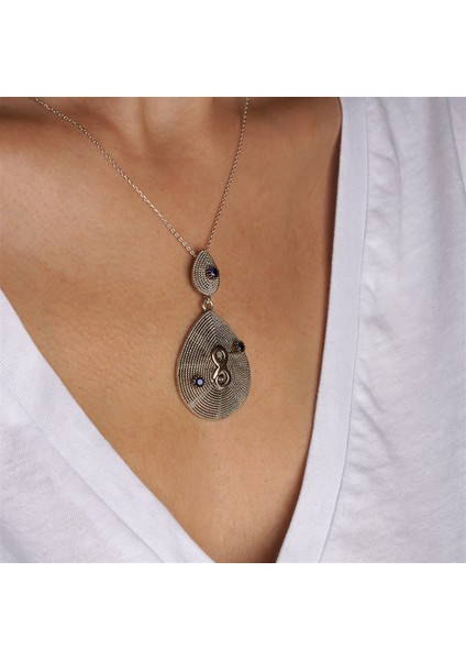 Hasır Telkari Işlemeli Damla Formlu Safir Taşlı 8 Desenli Gümüş Kadın Kolye fiyatları