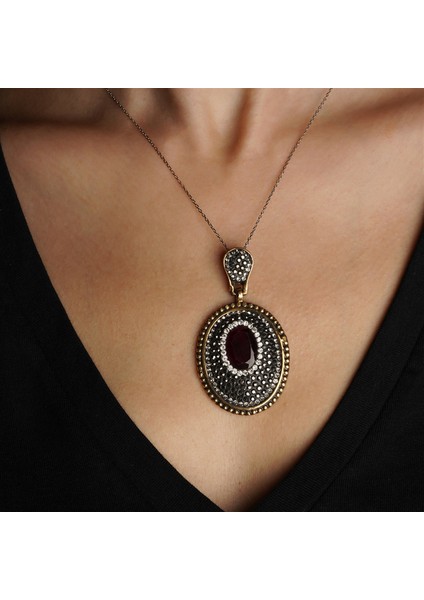 Kök Yakut Taşlı Markazitli Gümüş Kadın Kolye