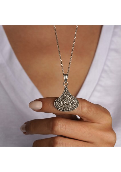 Telkari Işlemeli Markazitli Mekik Formlu Gümüş Kadın Kolye modelleri