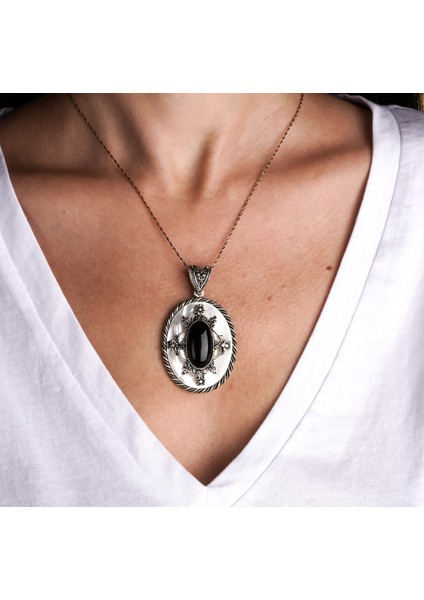 Oltu ve Sedef Taşlı Gümüş Kadın Kolye