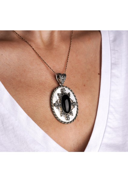 Oltu ve Sedef Taşlı Gümüş Kadın Kolye fiyatları