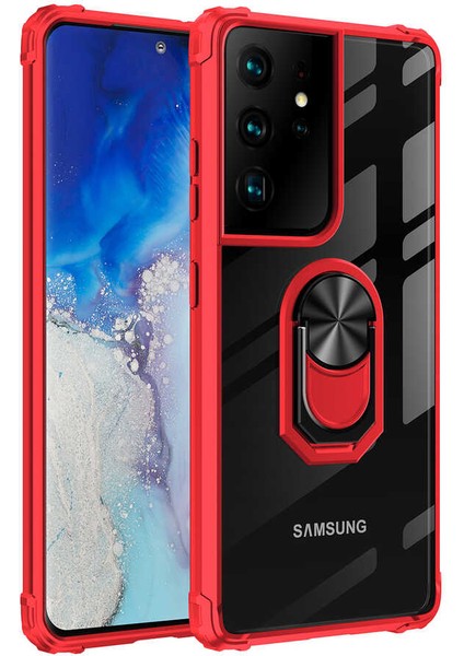 Samsung Galaxy S21 Ultra Kılıf Arkası Şeffaf Kenarları Renkli Yüzüklü Tank Kapak (Mola)