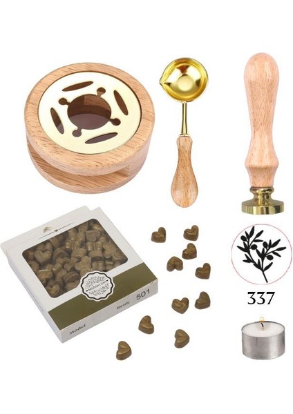 Davetiye Mum Mühürü Uygulama Seti Ahşap Rengi 337 Zeytin Dalı