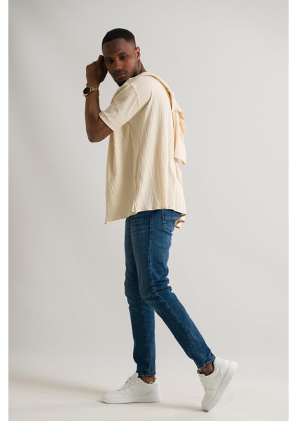 Slimfit Kısa Kol Yazlık Likralı Çizgili Erkek Triko Gömlek