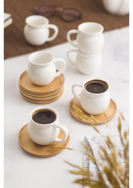 Bambu Tabaklı Porselen 6 Lı Kahve Fincanı Seti