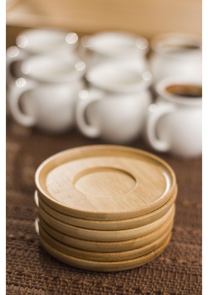 Bambu Tabaklı Porselen 6 Lı Kahve Fincanı Seti