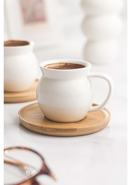 Bambu Tabaklı Porselen 6 Lı Kahve Fincanı Seti