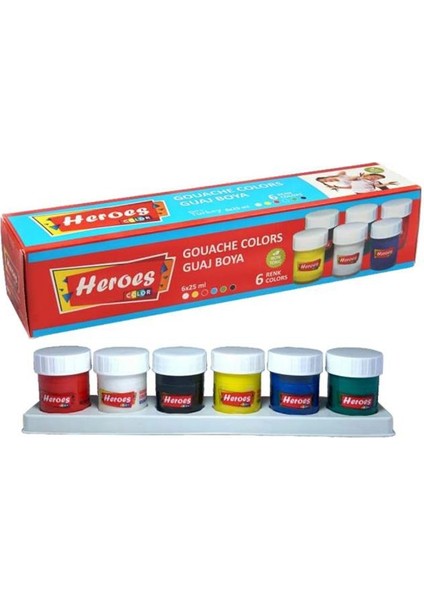 Guaj Boya 6 Renk x 20 ml Su Bazlı Tüp 1 Paket Heroes Guaj Boya Seti Şişe Içerisinde 6 Lı Okul Hobi