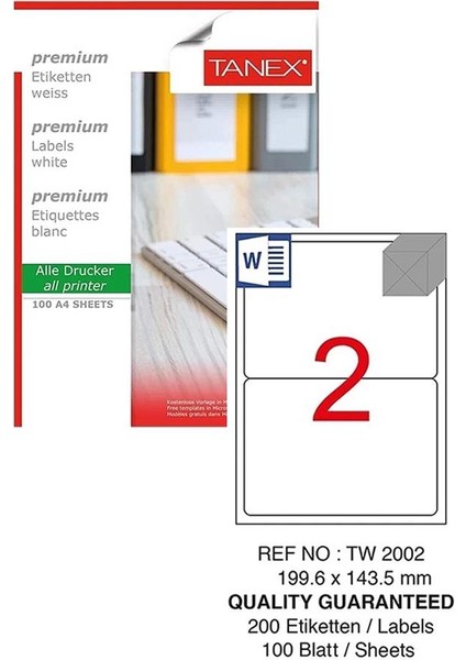 Bilgisayar Etiketi TW-2002 119,6X143,50 mm 100 Lü Lazer Etiket 1 Paket Tanex Davetiye Kargo Koli Kutu Etiketi