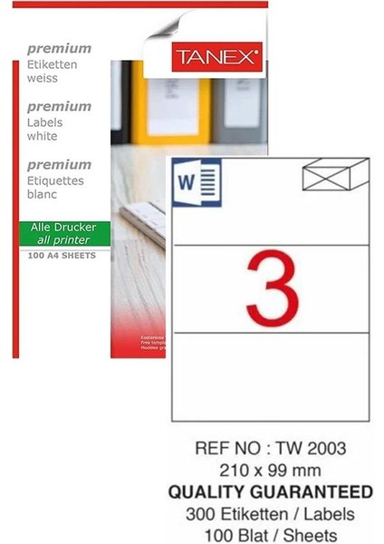 Bilgisayar Etiketi TW-2003 210X99 mm 100 Lü Lazer Etiket 1 Paket Tanex Davetiye Kargo Koli Kutu Etiketi