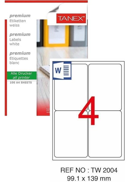 Bilgisayar Etiketi TW-2004 99,1X139 mm 100 Lü Lazer Etiket 1 Paket Tanex Davetiye Kargo Koli Kutu Etiketi