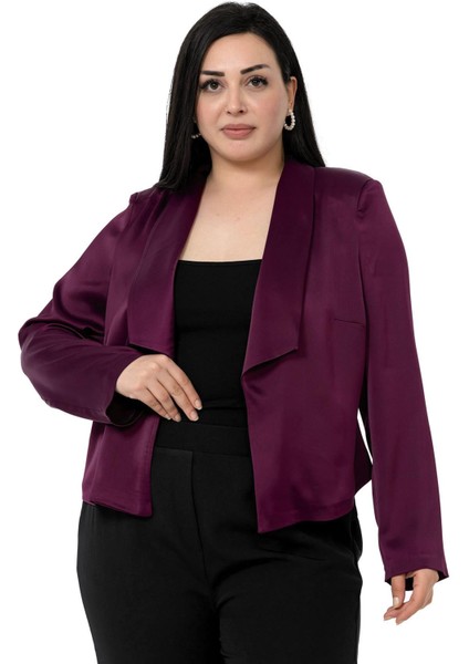 Büyük Beden Şal Yaka Astarsız Kısa Saten Mürdüm Ceket