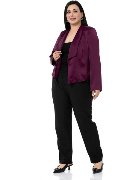 Büyük Beden Şal Yaka Astarsız Kısa Saten Mürdüm Ceket indirimleri