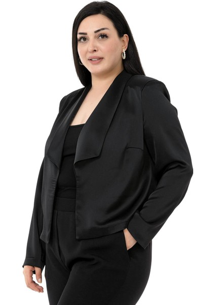 Büyük Beden Şal Yaka Astarsız Kısa Saten Siyah Ceket fırsatları