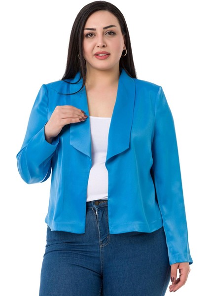 Büyük Beden Şal Yaka Astarsız Kısa Saten Turkuaz Ceket