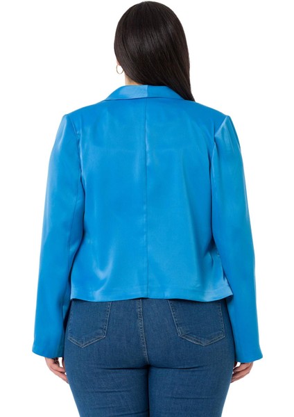 Büyük Beden Şal Yaka Astarsız Kısa Saten Turkuaz Ceket modelleri