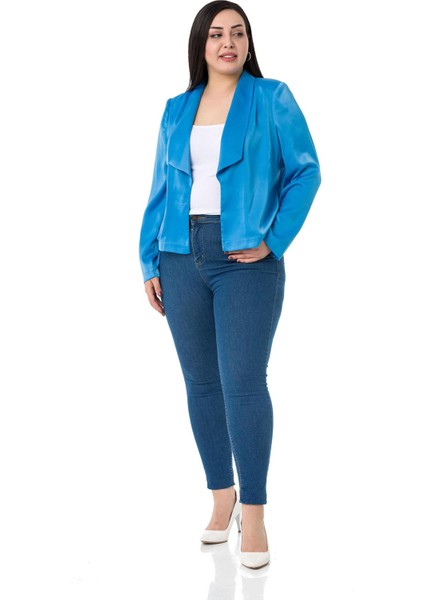 Büyük Beden Şal Yaka Astarsız Kısa Saten Turkuaz Ceket indirimleri