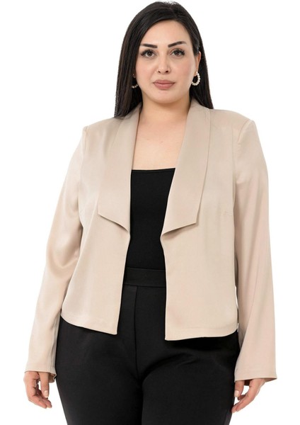Büyük Beden Şal Yaka Astarsız Kısa Saten Bej Rengi Ceket