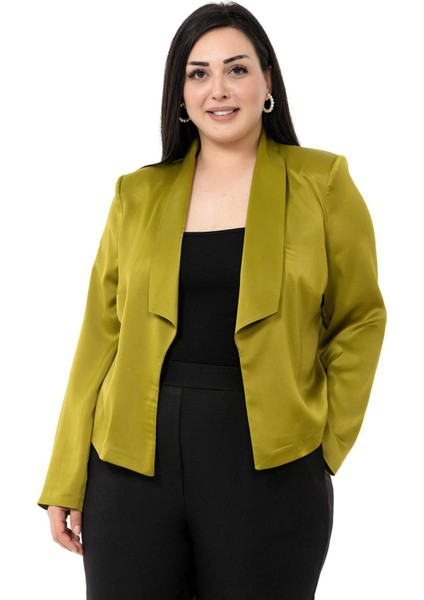 Büyük Beden Şal Yaka Astarsız Kısa Saten Fıstık Yeşili Ceket