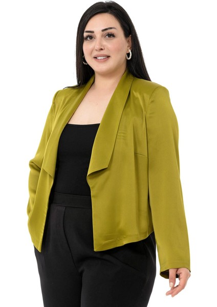 Büyük Beden Şal Yaka Astarsız Kısa Saten Fıstık Yeşili Ceket fırsatları