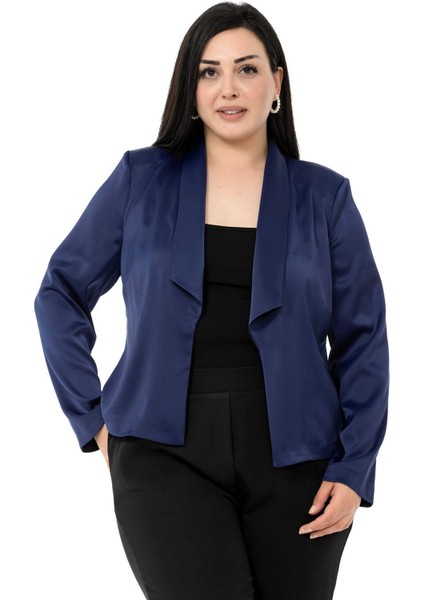 Büyük Beden Şal Yaka Astarsız Kısa Saten Lacivert Ceket