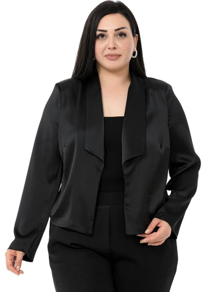 Büyük Beden Şal Yaka Astarsız Kısa Saten Siyah Ceket