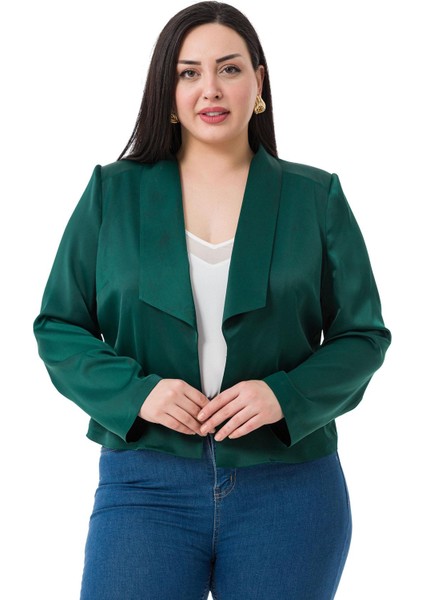 Büyük Beden Şal Yaka Astarsız Kısa Saten Zümrüt Yeşil Ceket