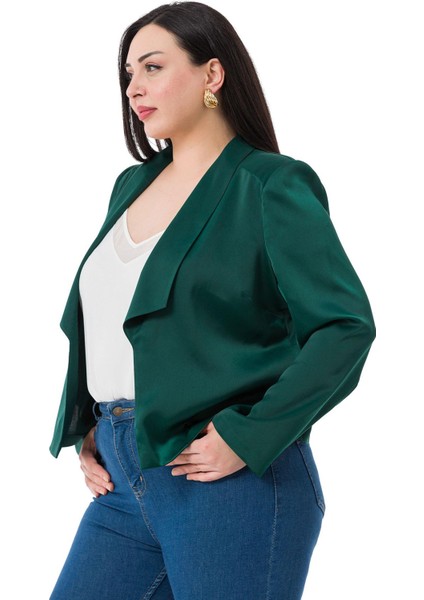 Büyük Beden Şal Yaka Astarsız Kısa Saten Zümrüt Yeşil Ceket fırsatları