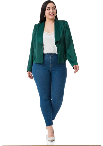 Büyük Beden Şal Yaka Astarsız Kısa Saten Zümrüt Yeşil Ceket indirimleri