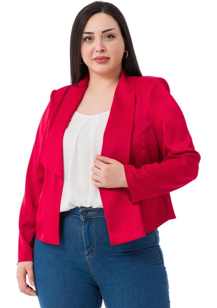 Büyük Beden Şal Yaka Astarsız Kısa Saten Kırmızı Ceket